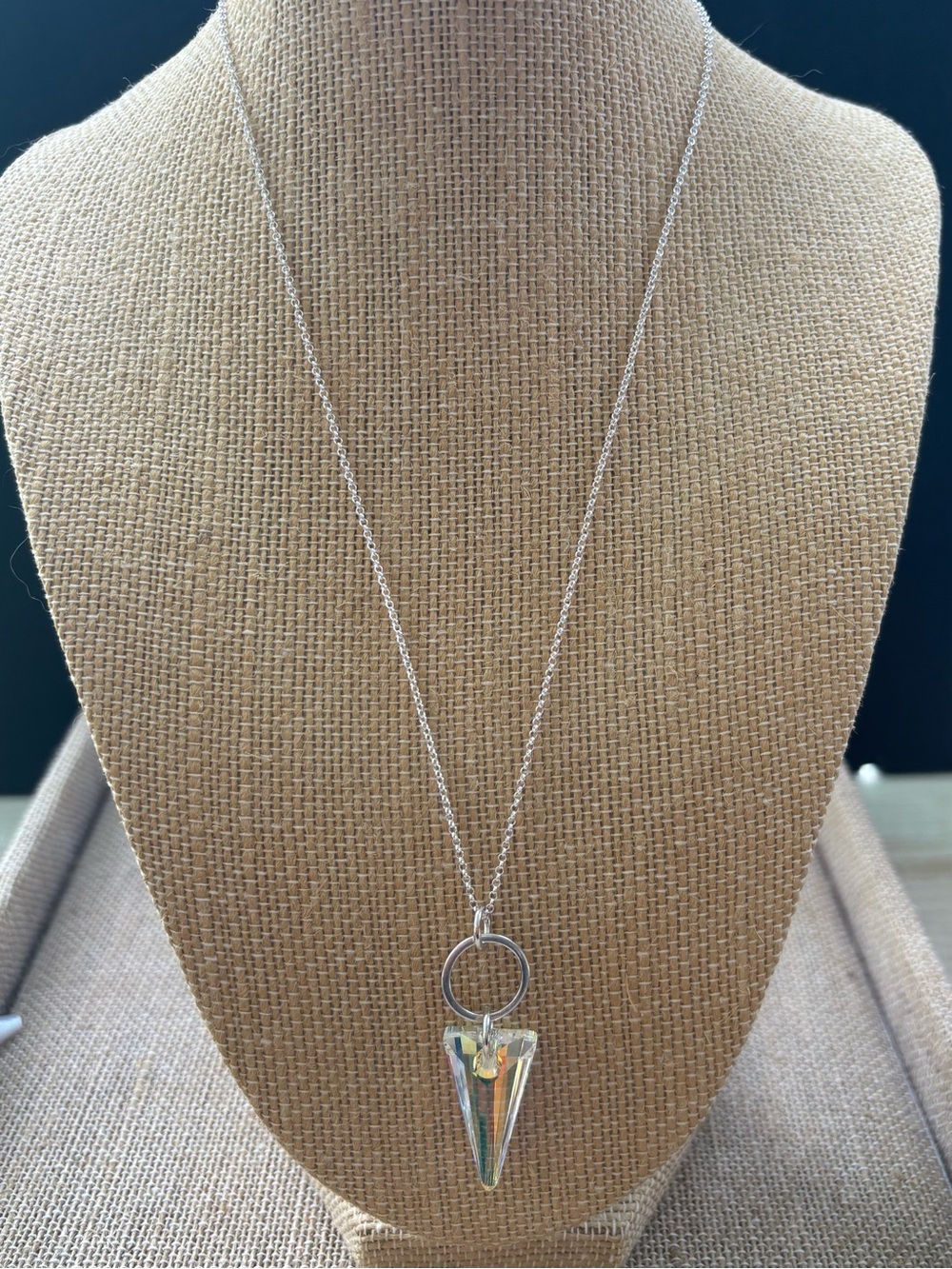 Sterling Silver AB Crystal Spike Pendant Necklace 18” Rolo Chain Iridescent
